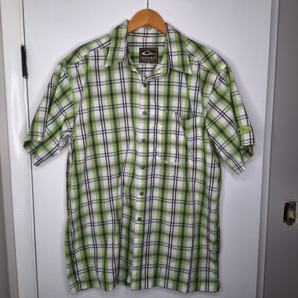 Drake Waterfowl Shirt Mens Medium Green Plaid Button Down Short Sleeves